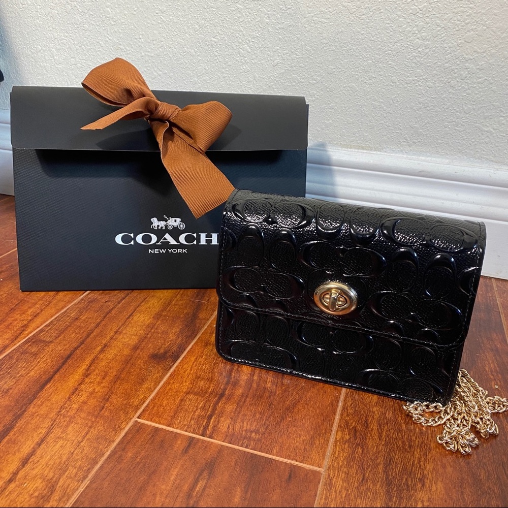 Coach Black Patent Leather Monogram Bowery Mini Crossbody Bag
